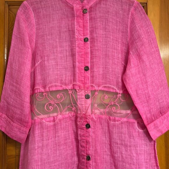 Pink Mandarin Collar Semi Sheer Button Down Cover Up Women’s Large - Picture 3 of 9